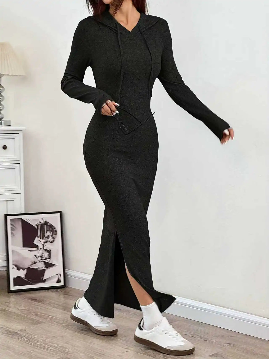 Spring and Autumn New Hooded Long Cross Knee Casual Fashion Dress