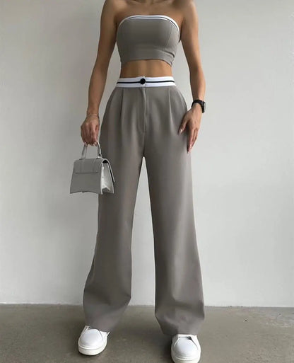Hot Girls Wear Sports Vests Tube Tops Contrasting Colors High-waisted Wide-leg Trousers and Casual Two-piece Suits