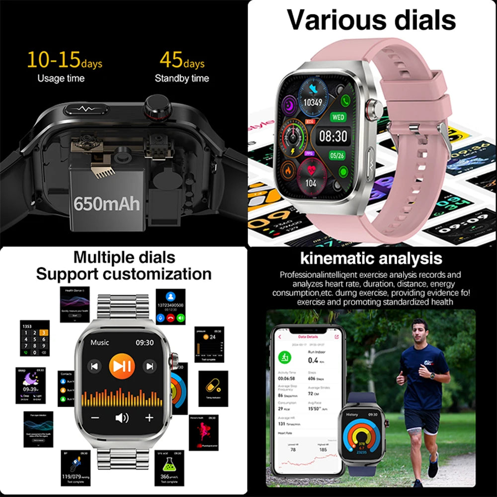 2026 New Smart Watch 2.04-inch AMOLED Screen Bluetooth Call IP68 Waterproof 650mA Sports Smartwatches Men Android Military-Grade