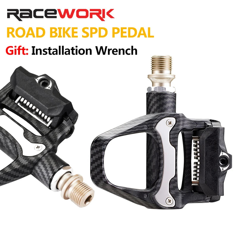RACEWORK Bicycle Lock Pedal Road Bike Self-Locking Carbon Fiber Pattern Pedals With Sealed Bearings Lock Piece For SPD System