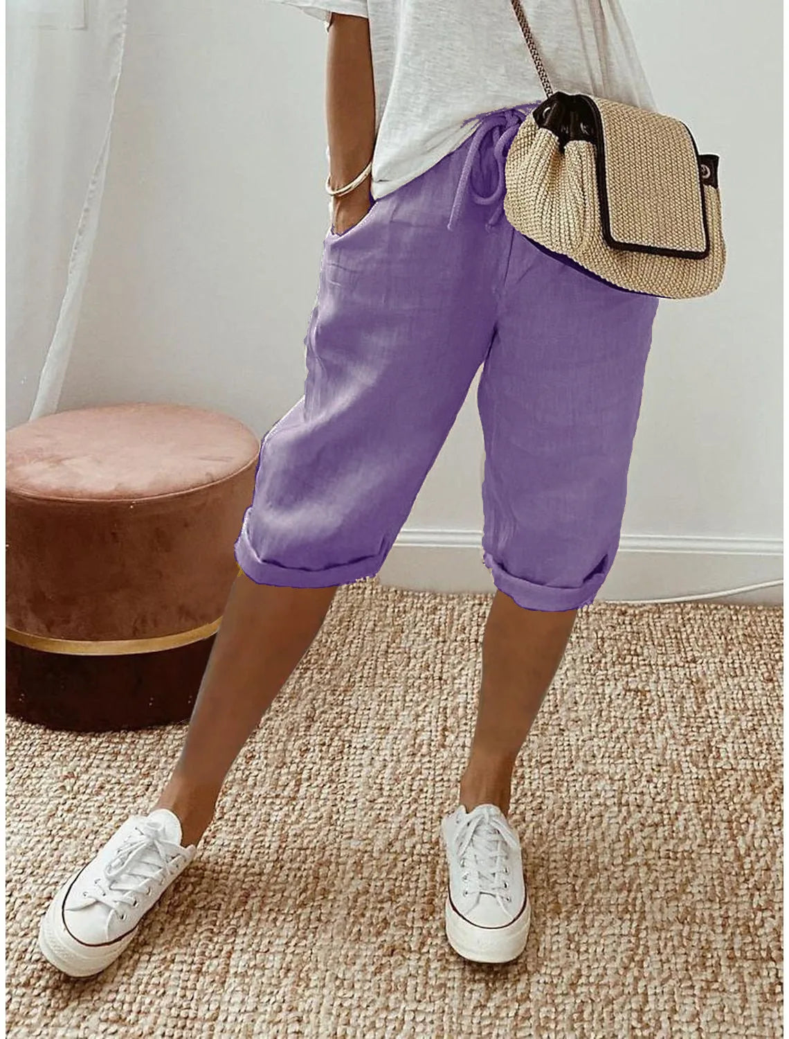 Shorts Women summer cotton linen elastic waist pocket elastic casual pants five quarter women&