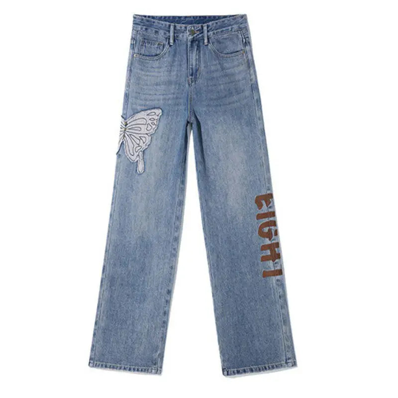 Womens Jeans High Waist Shot Denim Pants for Women Graphic Straight Leg Butterfly Trousers with Print Pattern Basics Z on Sale A