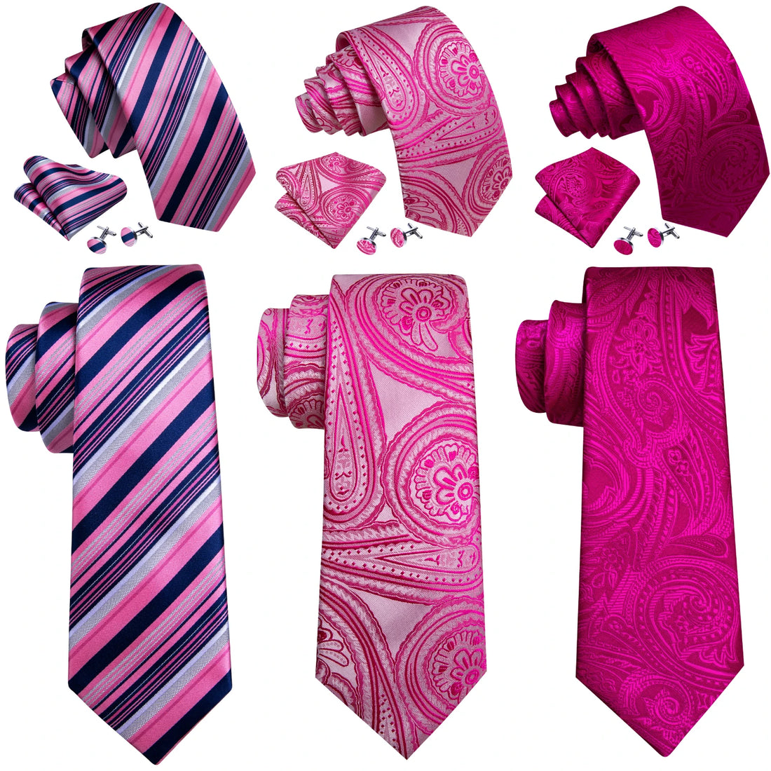 Barry.Wang Jacquard Watermelon &amp; Peach Pink Men Tie With Pocket Square Cufflinks Set Exquisiet Necktie For Male Wedding Business