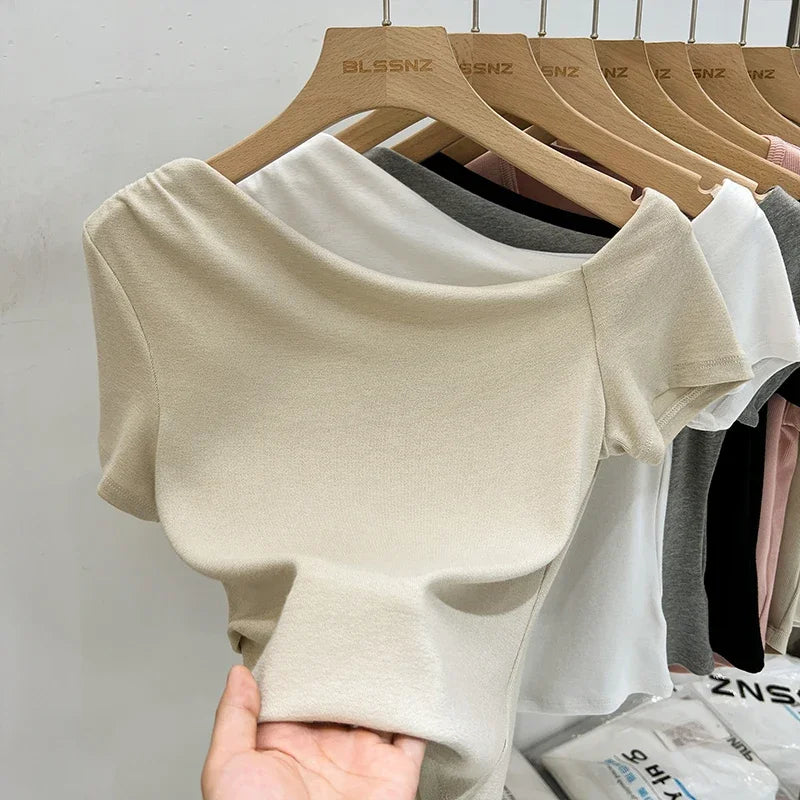 Womens Long Sleeve Off Shoulder T Shirts 2026 Tight Knit Sexy Slim Fitted Casual Women&