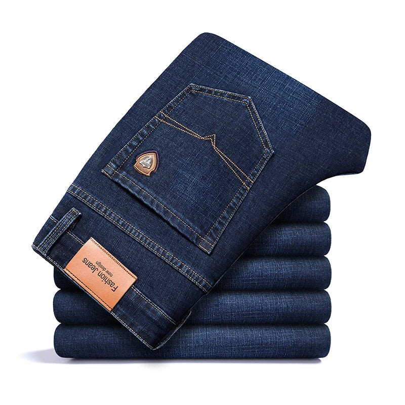 SHAN BAO 2022 autumn spring fitted straight stretch denim jeans classic style badge youth men&