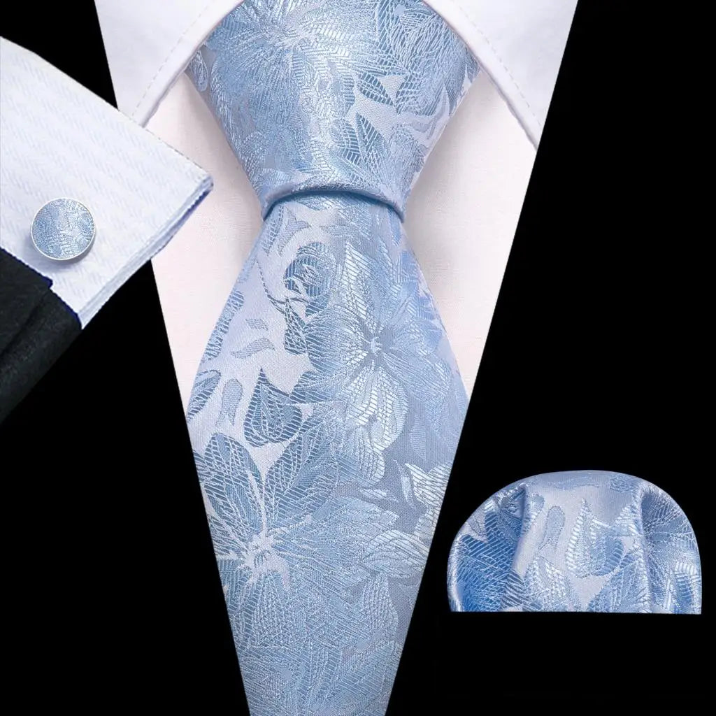 Barry.Wang Navy Royal Sky Blue Silk Men Tie Hanky Cufflinks Set Jacquard Teal Cyan Turquoise Necktie for Male Wedding Business
