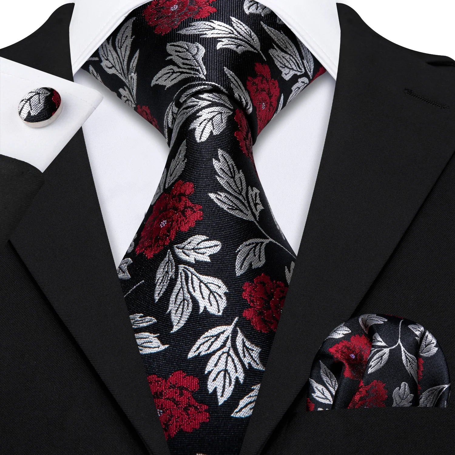 Barry.Wang Colorful Men Tie Handkerchief Cufflinks Set Novelty Floral Necktie for Male Designer Wedding Business Party Gift