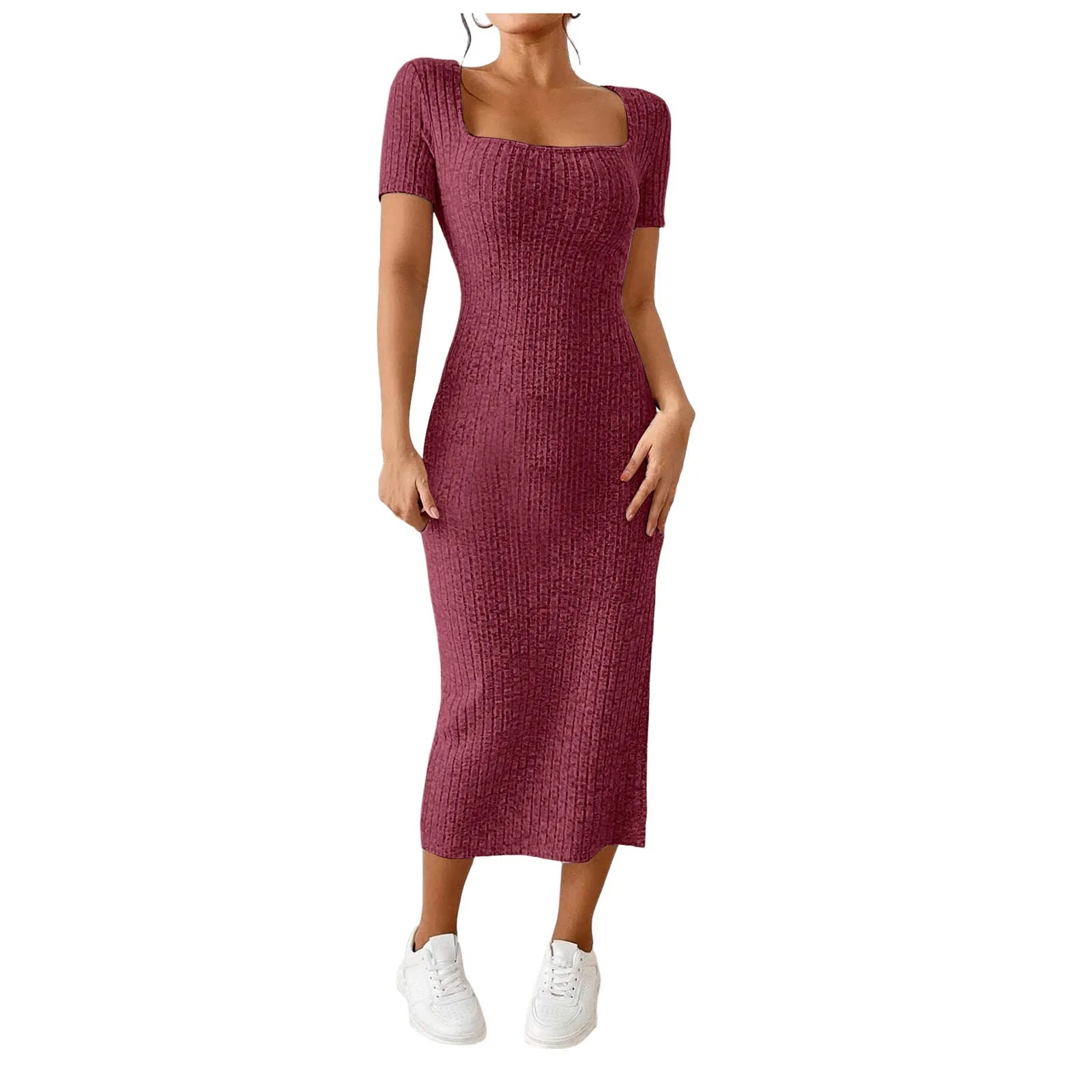 Summer Dresses For Women 2026 Summer Ribbed Short Sleeve Bodycon Maxi Dress Side Slit Knit Square Neck Long Robe Vestidos