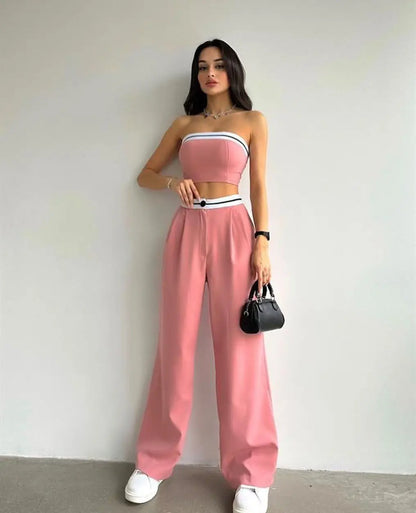 Hot Girls Wear Sports Vests Tube Tops Contrasting Colors High-waisted Wide-leg Trousers and Casual Two-piece Suits