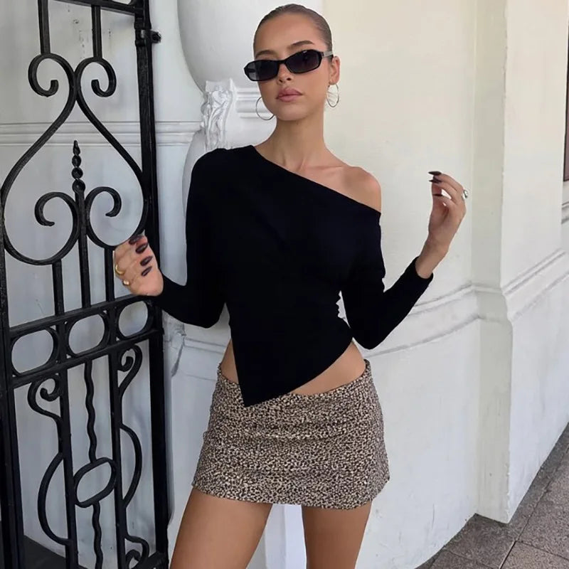 Talenza Women Casual Top Fashion Slim Slit Long Sleeve Pullover Top Sexy Strapless Pleated New Party Looks Top Female Streetwear
