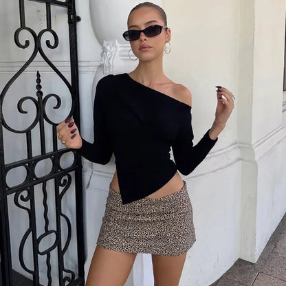Talenza Women Casual Top Fashion Slim Slit Long Sleeve Pullover Top Sexy Strapless Pleated New Party Looks Top Female Streetwear