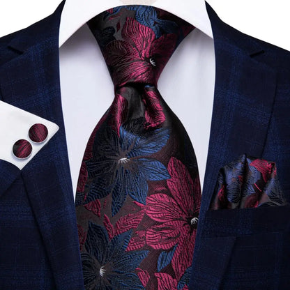 Hi-Tie Designer Burgundy Paisley 63inch Silk Mens Tie Extra Long Ties for Men Woven Classic 160cm Mens Necktie Pocket Square Set