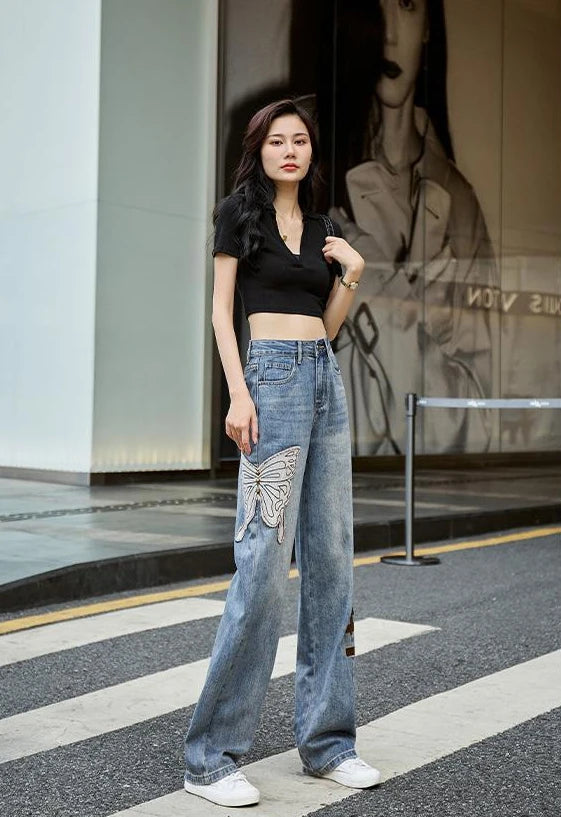 Womens Jeans High Waist Shot Denim Pants for Women Graphic Straight Leg Butterfly Trousers with Print Pattern Basics Z on Sale A