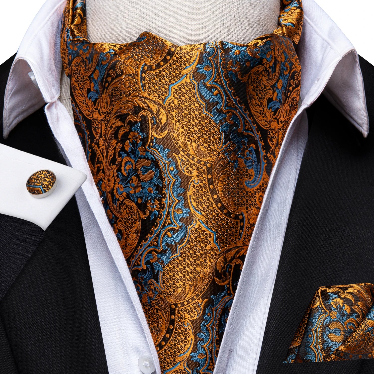 Hi-Tie Silk Mens Ascot Hanky Cufflinks Set Black Yellow White Paisley Cravat Tie Vest Dress Ascots Self Vintage Jacquard Woven