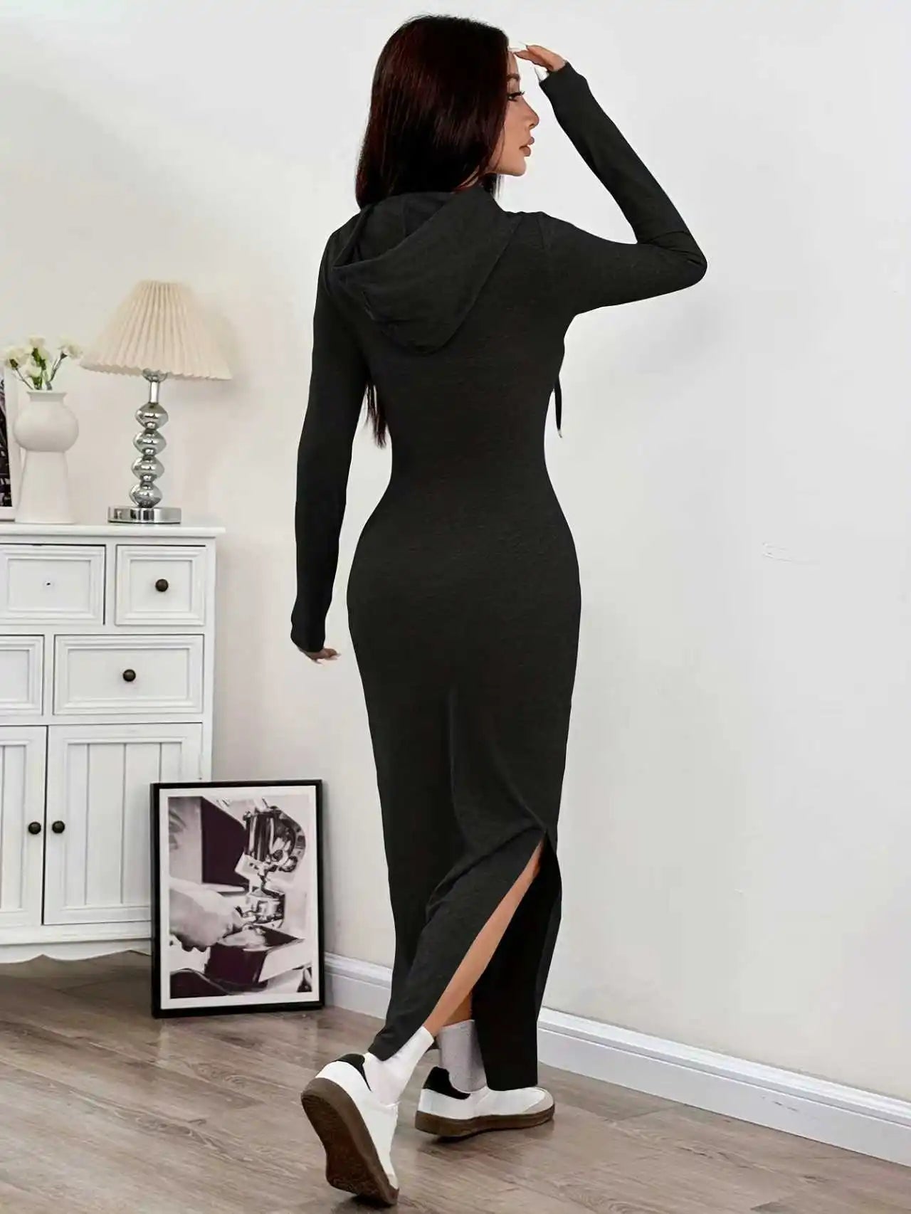 Spring and Autumn New Hooded Long Cross Knee Casual Fashion Dress