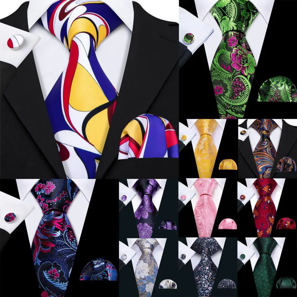 Barry.Wang Colorful Men Tie Handkerchief Cufflinks Set Novelty Floral Necktie for Male Designer Wedding Business Party Gift