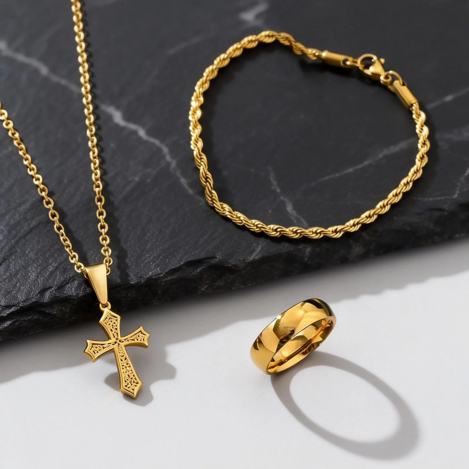 3pcs Dainty Cross Necklace Set for Men Boys,Waterproof Stainless Steel Chain Bracelet,Fashion Cool Male Jewelry Set Gift