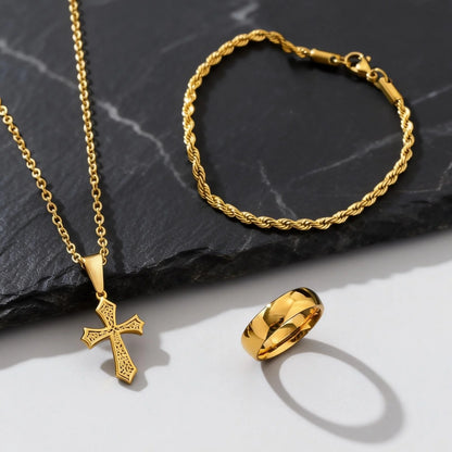 3pcs Dainty Cross Necklace Set for Men Boys,Waterproof Stainless Steel Chain Bracelet,Fashion Cool Male Jewelry Set Gift