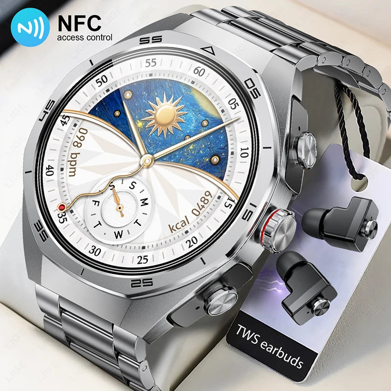 2025 New NFC Smart Watch with Earphones Bluetooth Earplugs Call Health Monitor Sports Music Headset Smartwatch for IOS Android