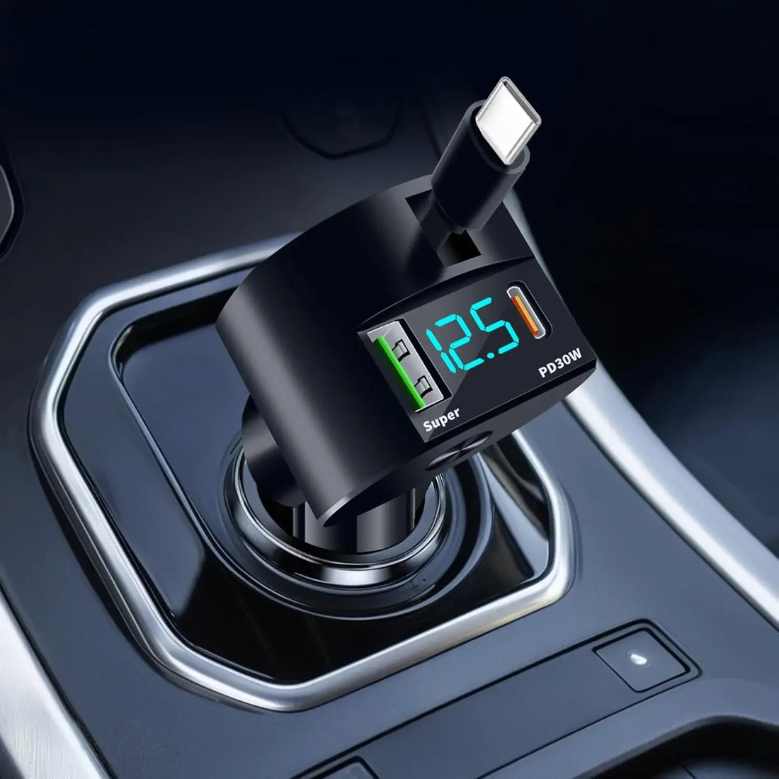 Upgraded Retractable Car Charger 3 in 1, 69W Fast Charging PD30W+2.4A Voltage Display Dual Cables for iPhone &amp; Android