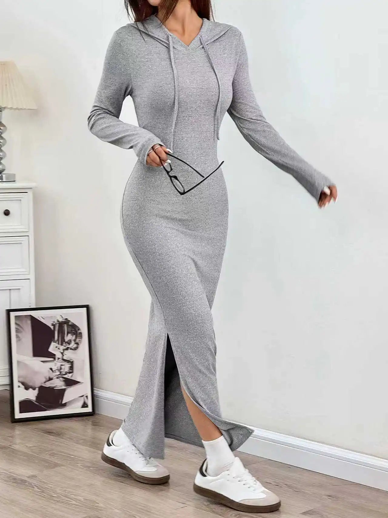 Spring and Autumn New Hooded Long Cross Knee Casual Fashion Dress