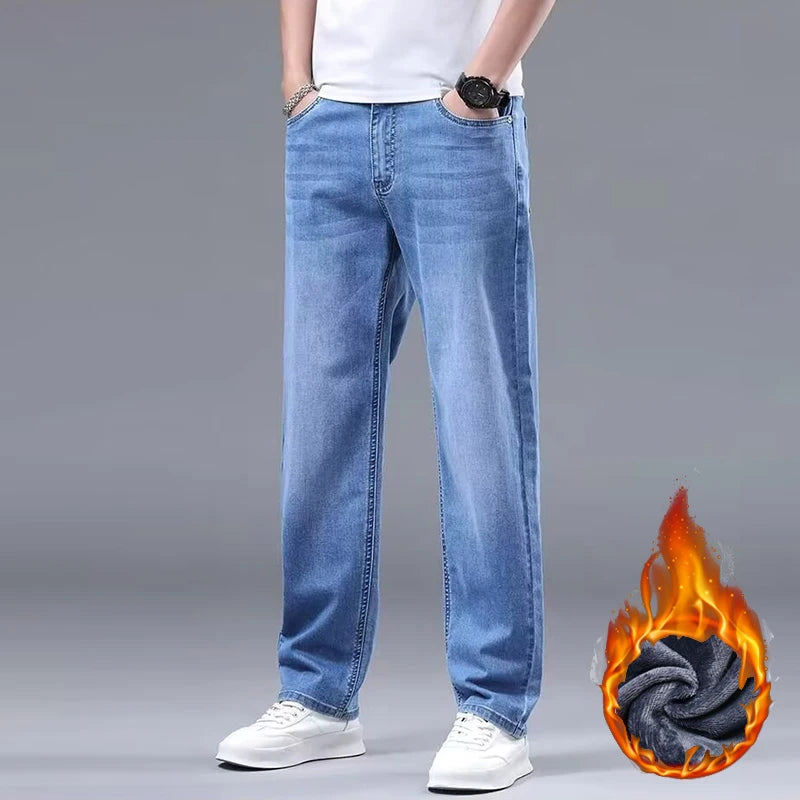 Men New Fleece Lined Thickened Jeans Male Winter Loose Straight Slim Fit Denim Pants High End Casual Elasticity Trousers