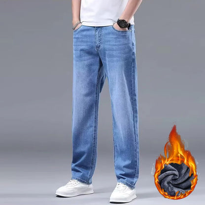 Men New Fleece Lined Thickened Jeans Male Winter Loose Straight Slim Fit Denim Pants High End Casual Elasticity Trousers