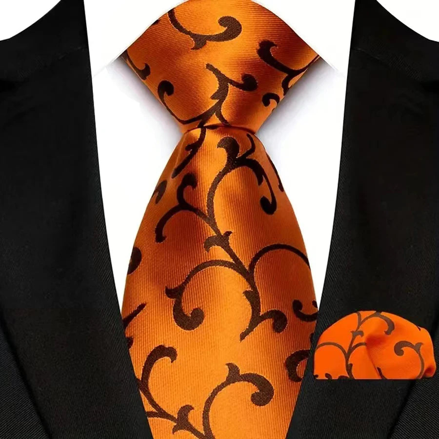Mens 8cm Tie Set Orange Brown Floral Stripes Wedding Tie Hadkerchief Set For Men Fashion Design Quality Hanky Necktie Set