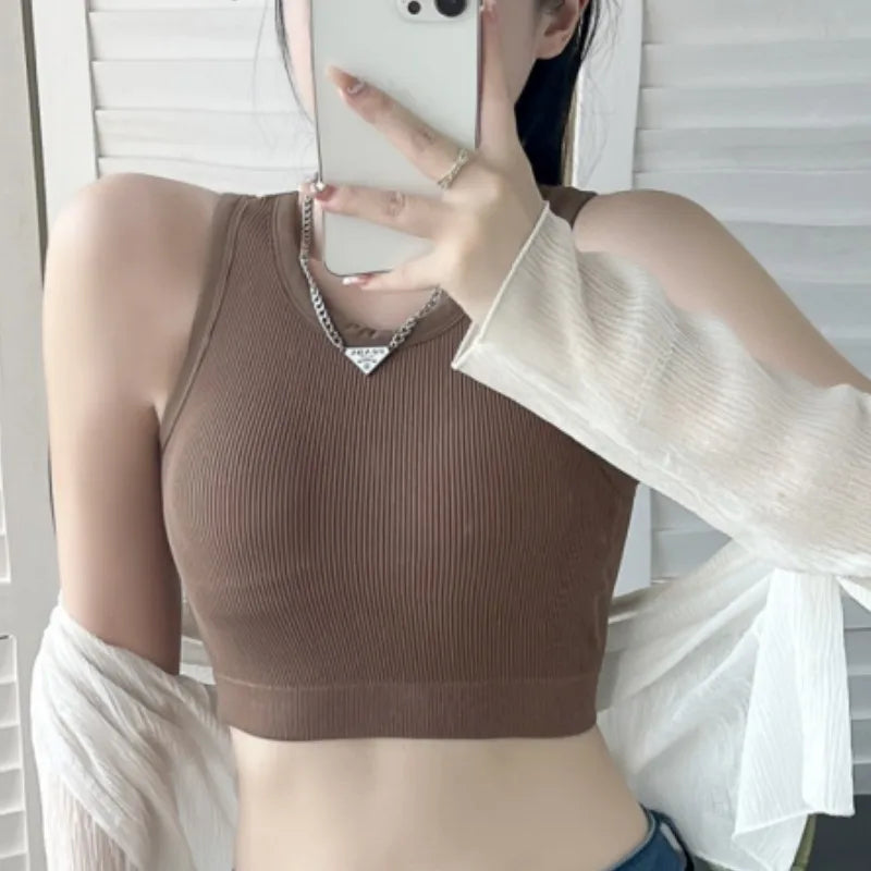 Women Tank Top Built In Bras Women Sports Bras Top With Chest Pads Shockproof Round Neck Crop Top Comfort Camisole