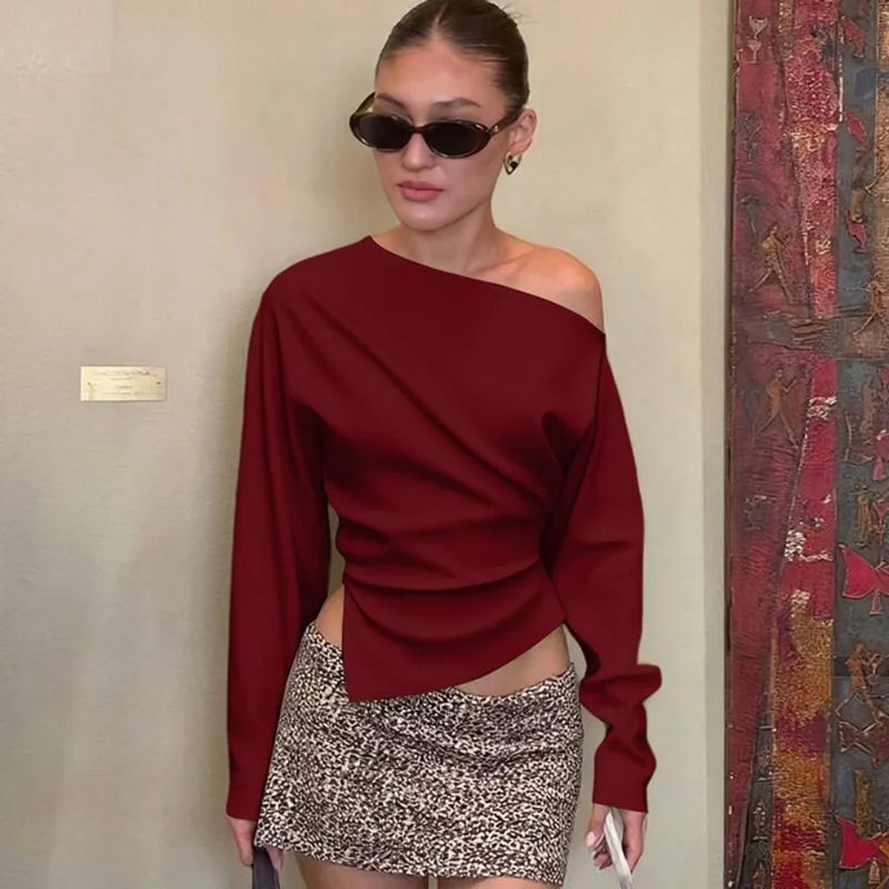 Talenza Women Casual Top Fashion Slim Slit Long Sleeve Pullover Top Sexy Strapless Pleated New Party Looks Top Female Streetwear