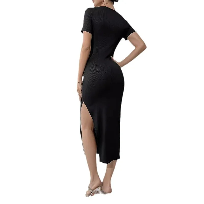 Slim Fit Square Neck Side Open Long Dress Sexy Solid Color Elegance Women&