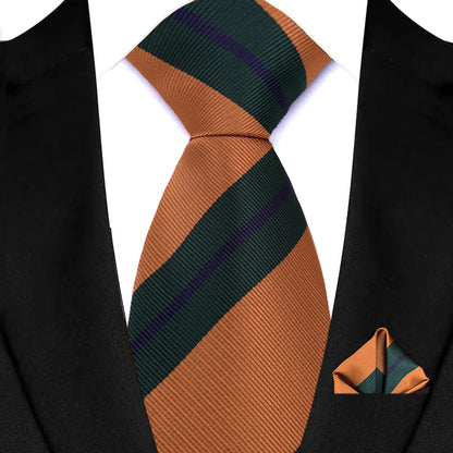 Mens 8cm Tie Set Orange Brown Floral Stripes Wedding Tie Hadkerchief Set For Men Fashion Design Quality Hanky Necktie Set