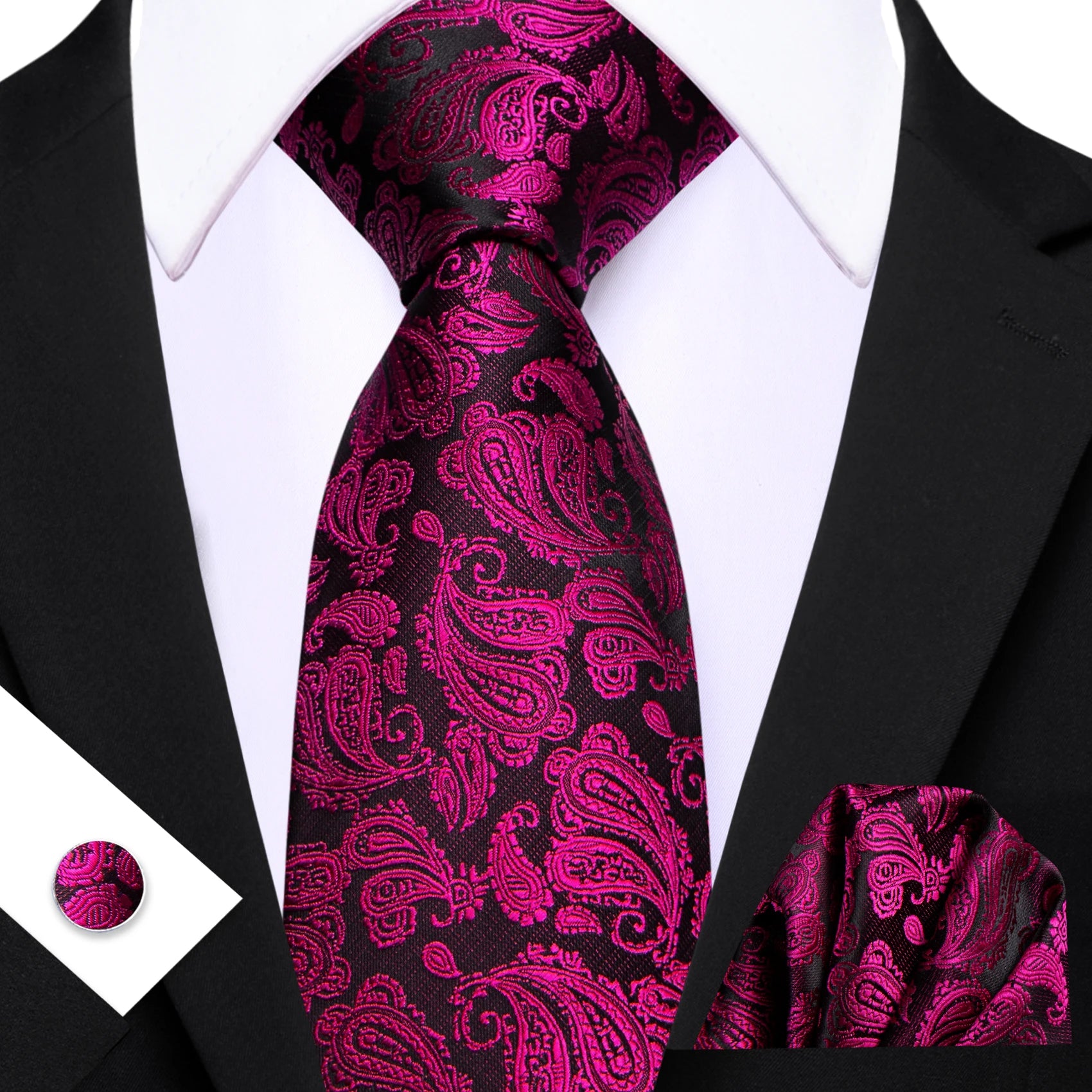 Barry.Wang Jacquard Watermelon &amp; Peach Pink Men Tie With Pocket Square Cufflinks Set Exquisiet Necktie For Male Wedding Business