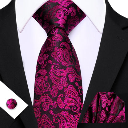 Barry.Wang Jacquard Watermelon &amp; Peach Pink Men Tie With Pocket Square Cufflinks Set Exquisiet Necktie For Male Wedding Business