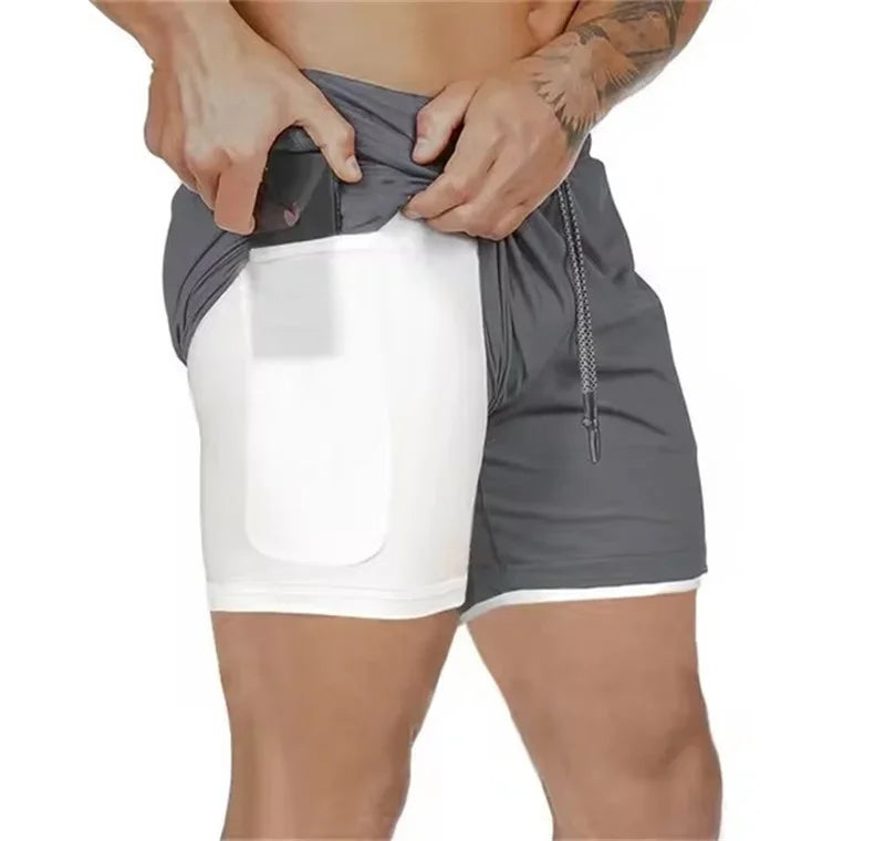 Men Fitness Built-in pocket sports Shorts Summer 2 In 1 Quick Dry Gym Beach shorts Running Double-deck Shorts mesh sweatpants