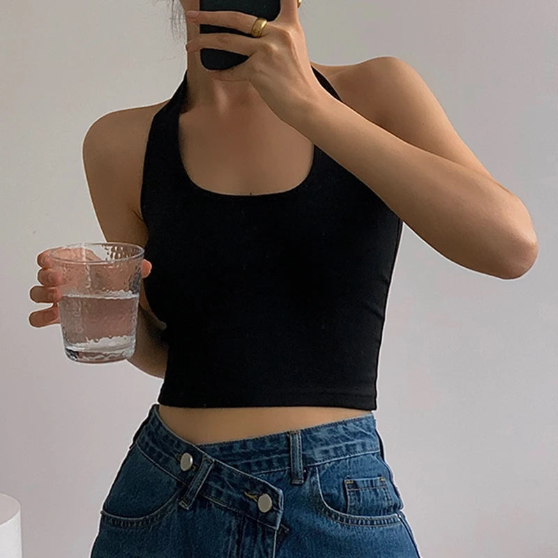 Cotton Sexy Backless Black White Tank Tops Halter Streetwear Vest Female Crop Top Summer 2025 Basic T-shirts Ladies Tube Camis