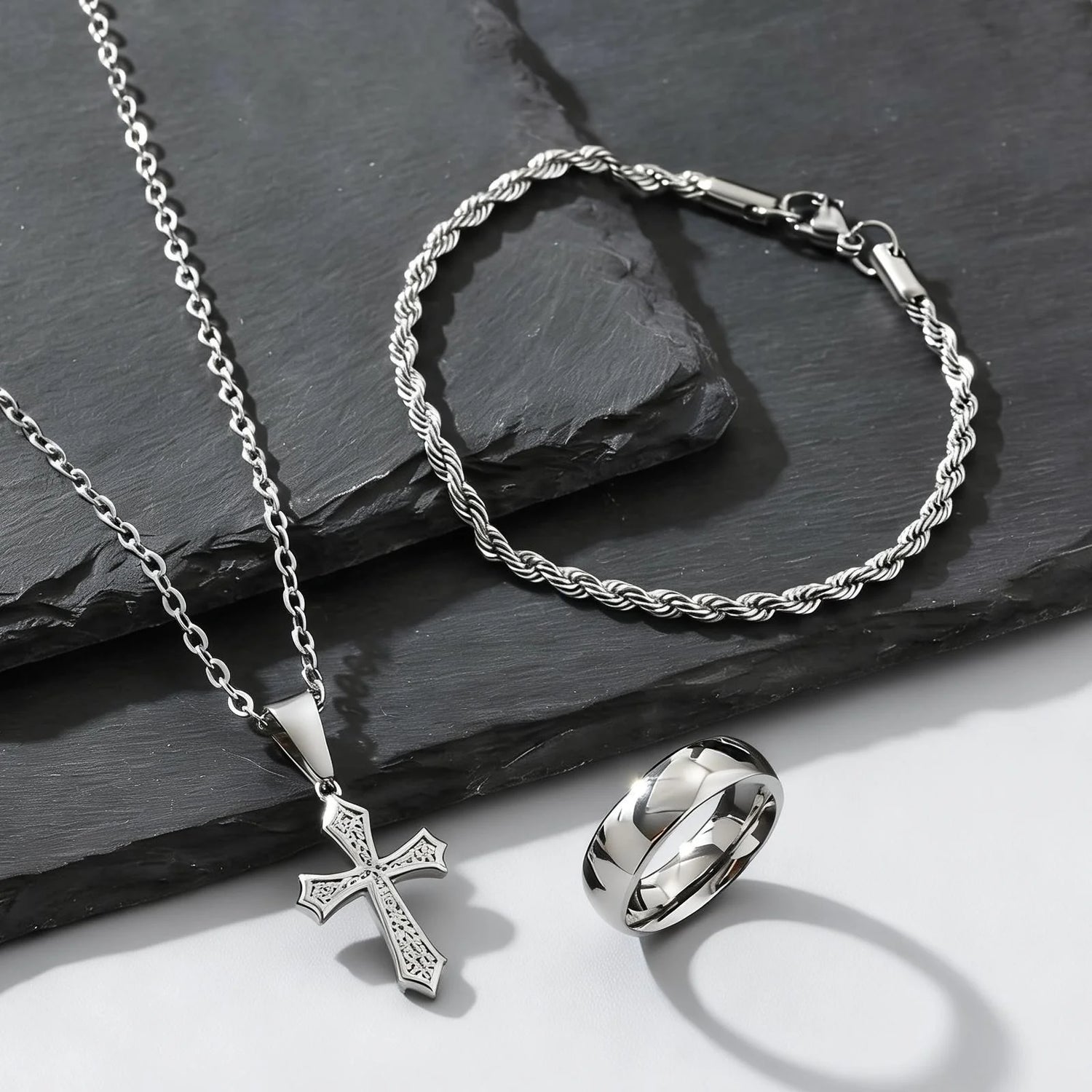 3pcs Dainty Cross Necklace Set for Men Boys,Waterproof Stainless Steel Chain Bracelet,Fashion Cool Male Jewelry Set Gift