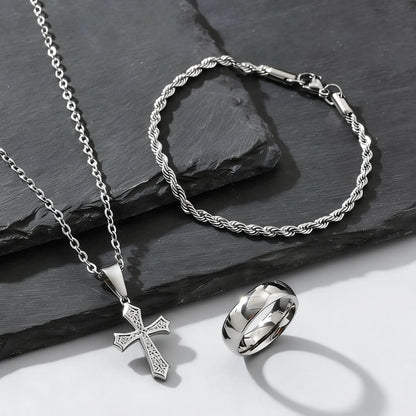 3pcs Dainty Cross Necklace Set for Men Boys,Waterproof Stainless Steel Chain Bracelet,Fashion Cool Male Jewelry Set Gift