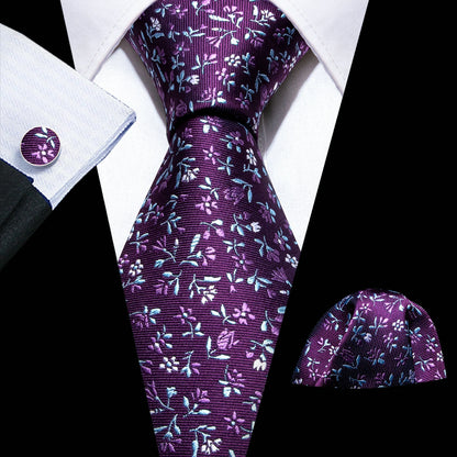 Barry.Wang Colorful Men Tie Handkerchief Cufflinks Set Novelty Floral Necktie for Male Designer Wedding Business Party Gift