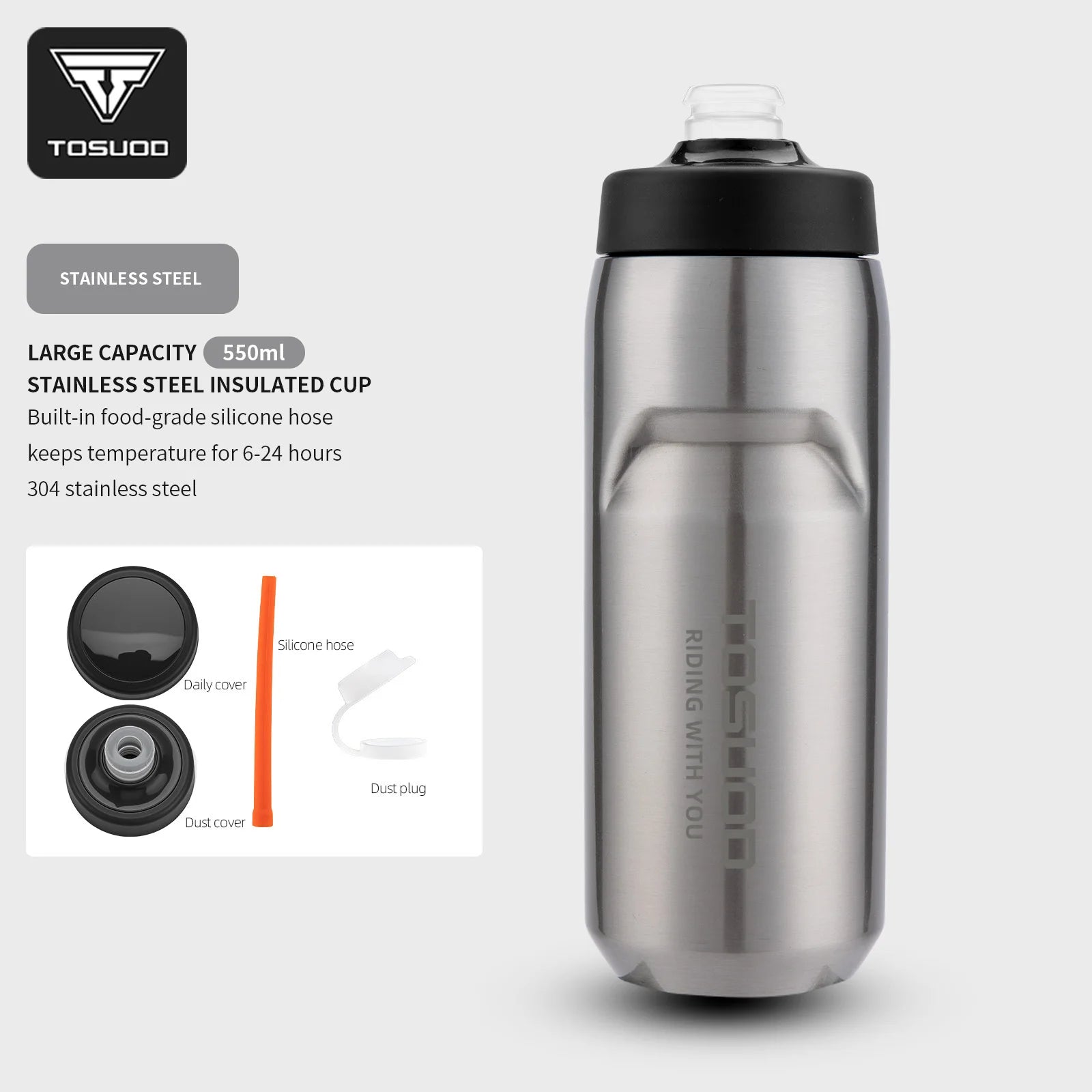 TOSUOD Stainless Steel Insulated Water Cup 550ML 304 Steel Cycling Water Kettle Easy To Carry Keep Warm And Cold Bottle