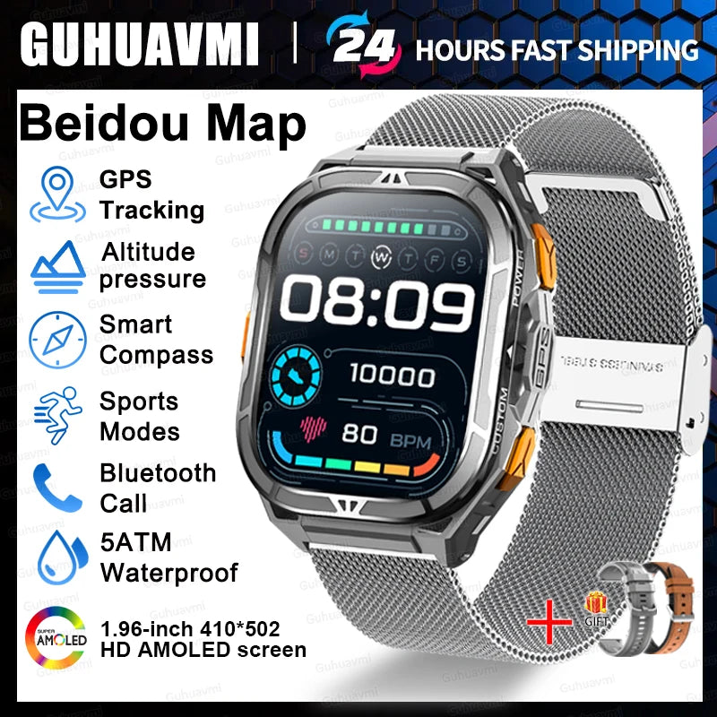New GUHUAVMI TANK X5 SmartWatch MIL-STD-810H Rugged IP69K 5ATM L1+L5 GPS 1.96" AMOLED Compass OutdoorSport Watch for Android iOS