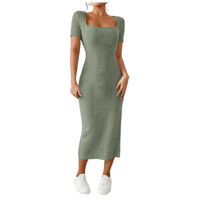 Summer Dresses For Women 2026 Summer Ribbed Short Sleeve Bodycon Maxi Dress Side Slit Knit Square Neck Long Robe Vestidos