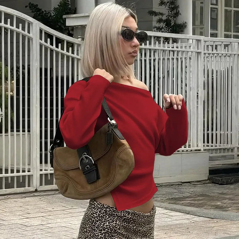 Talenza Women Casual Top Fashion Slim Slit Long Sleeve Pullover Top Sexy Strapless Pleated New Party Looks Top Female Streetwear