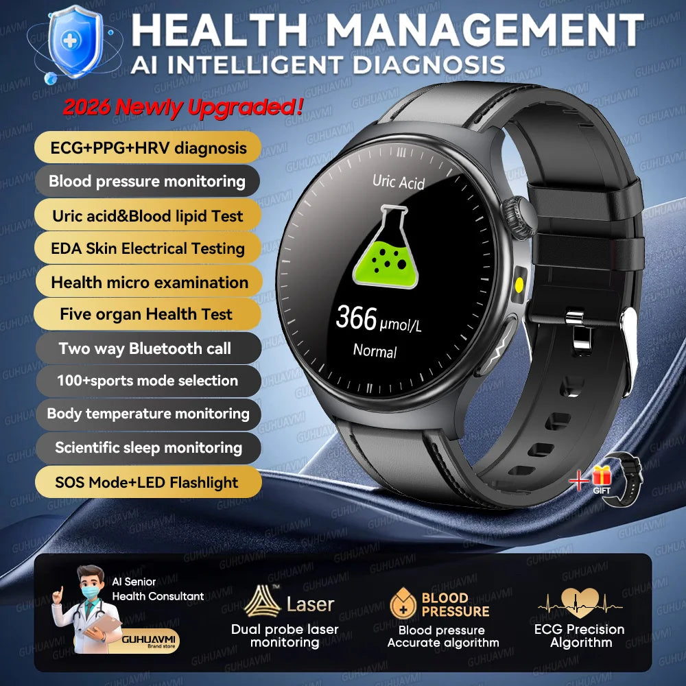 2026 New Micro Physical Examination Health SmartWatch Men ECG Uric Acid Lipids Blood Pressure BT Call Smartwatch For Android IOS