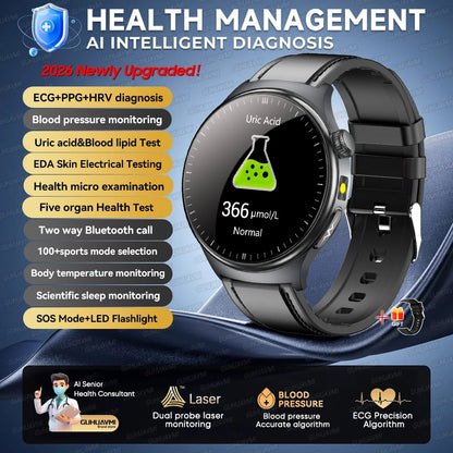 2026 New Micro Physical Examination Health SmartWatch Men ECG Uric Acid Lipids Blood Pressure BT Call Smartwatch For Android IOS