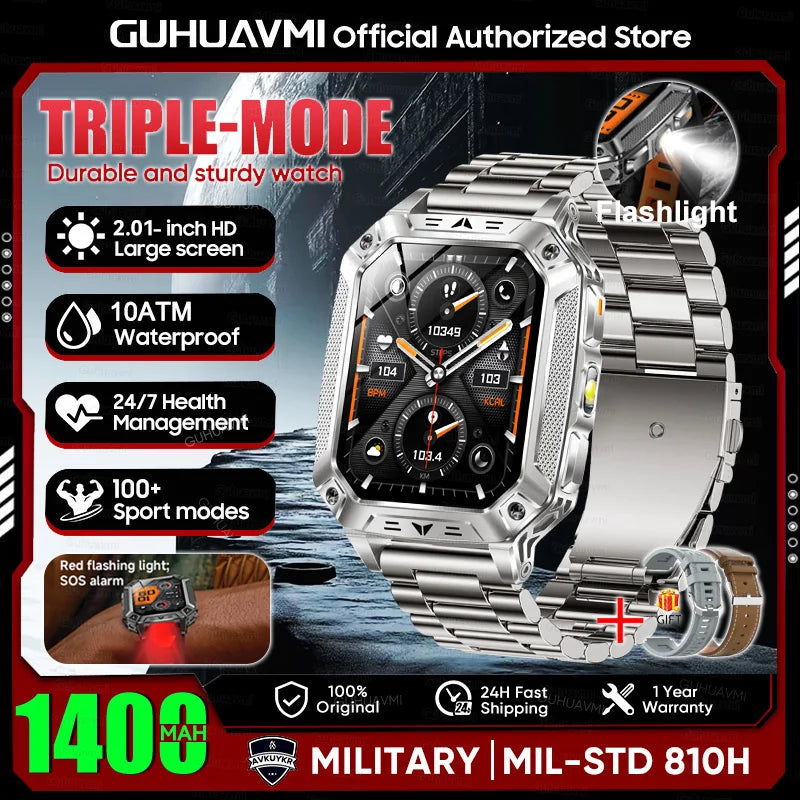 New Rugged Military Smart Watch Men 1400 mAh battery 2.01inch AMOLED Bluetooth Call 10ATM Waterproof LED flashlight Smart watch