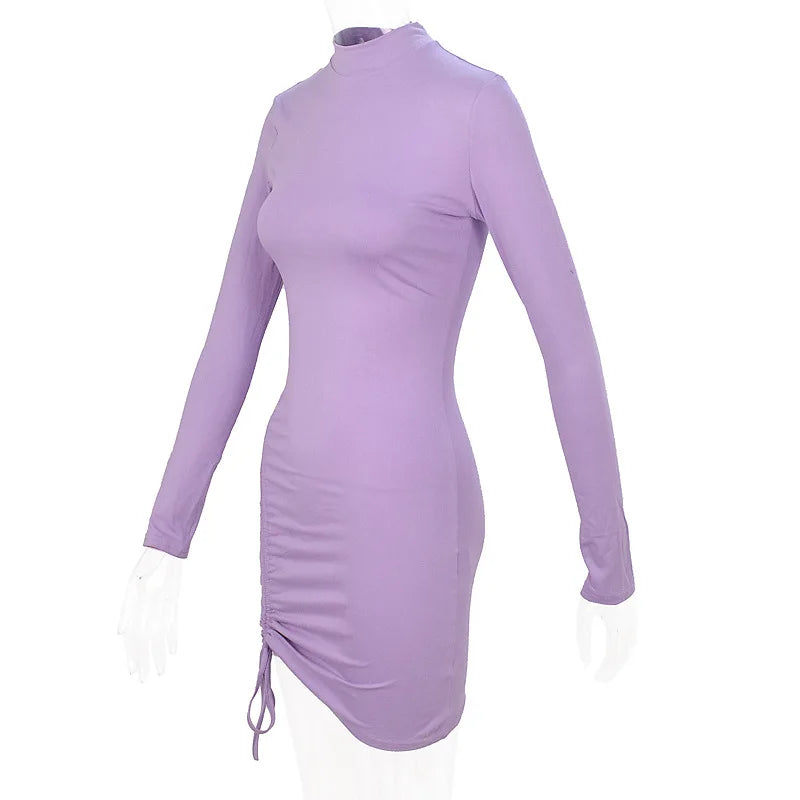 New Dresses 2025 Woman Fashion Summer High-neck Purple Long-sleeved Pleated Tie-up Dress Skirt Women&