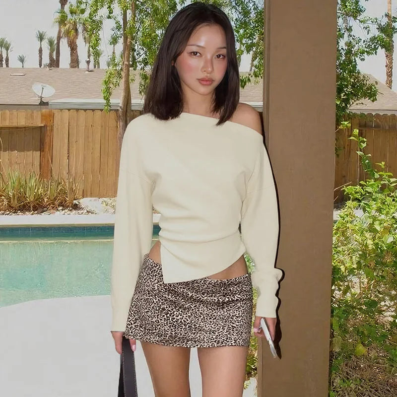 Talenza Women Casual Top Fashion Slim Slit Long Sleeve Pullover Top Sexy Strapless Pleated New Party Looks Top Female Streetwear