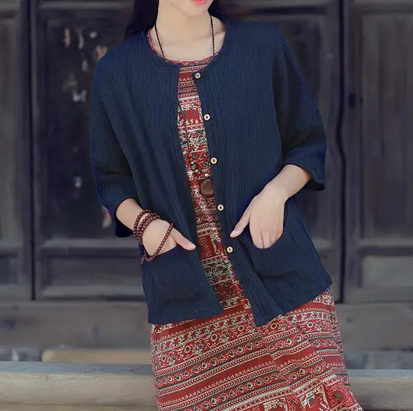 Women Casual three quarter Sleeve Cotton Linen Loose Blouse Spring Summer vintage Shirt Tops Cardigan camisas ropa mujer