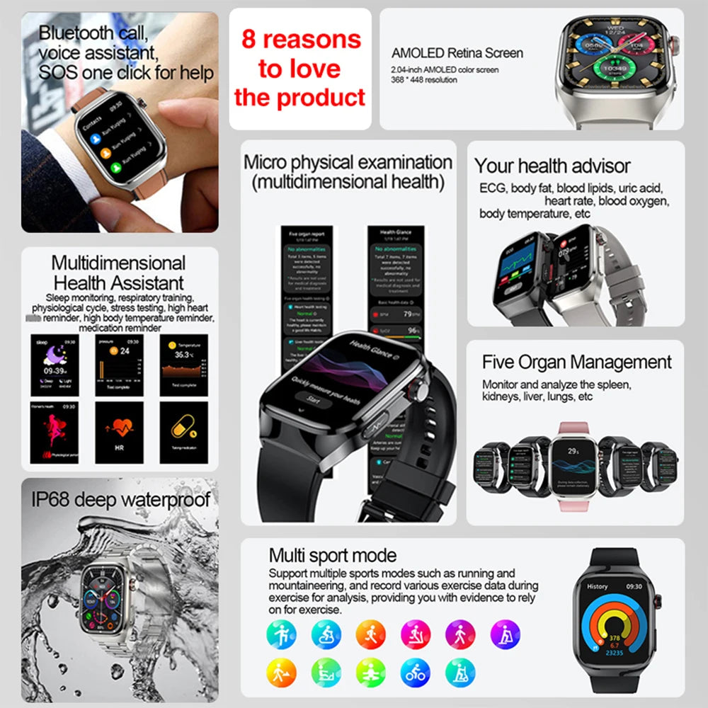 2026 New Smart Watch 2.04-inch AMOLED Screen Bluetooth Call IP68 Waterproof 650mA Sports Smartwatches Men Android Military-Grade
